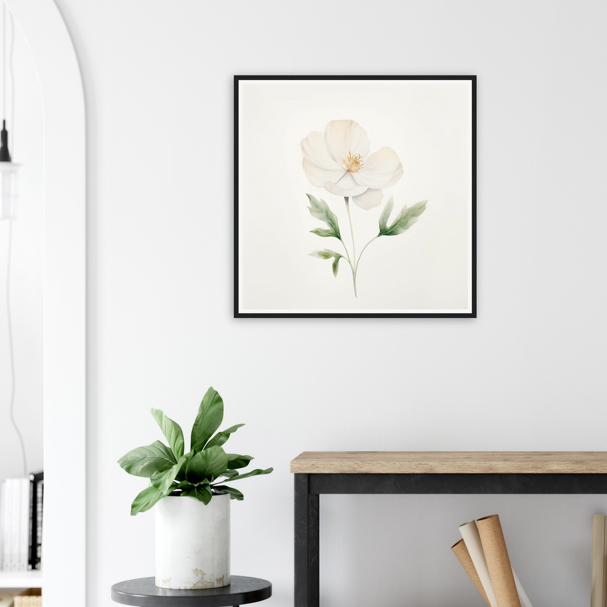 A white flower with green leaves on a white background