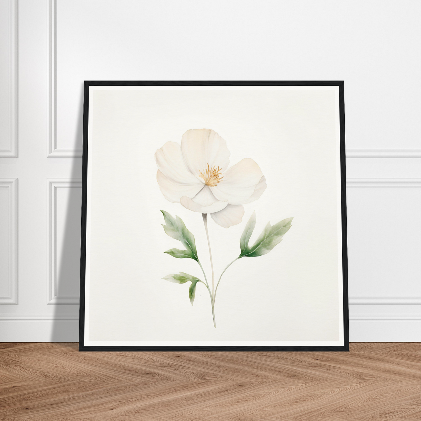 A white flower with green leaves on a white background