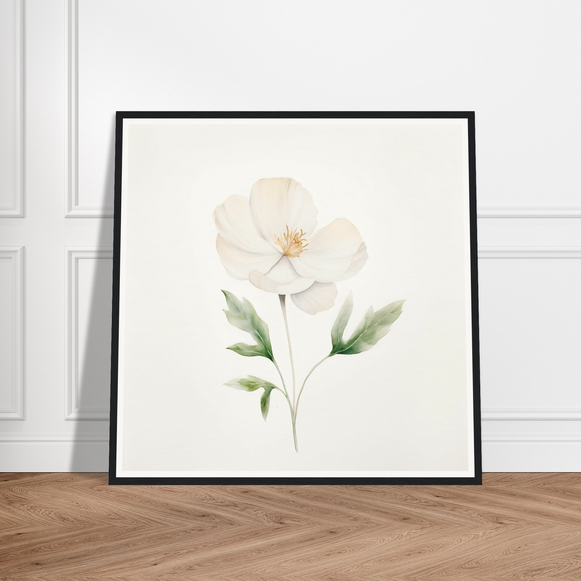 A white flower with green leaves on a white background