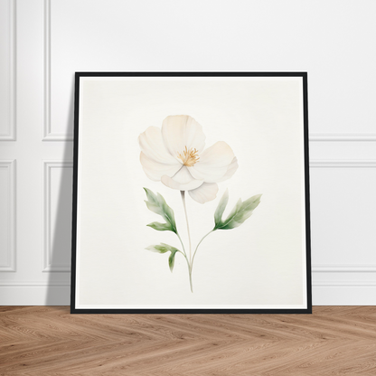 A white flower with green leaves on a white background