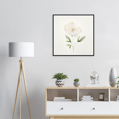 A white flower with green leaves on a white background framed in a room