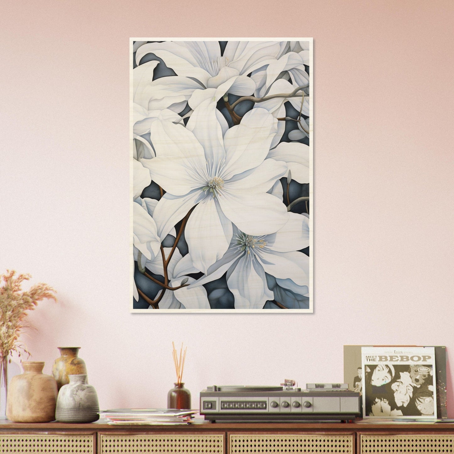 A white flower on a pink wall