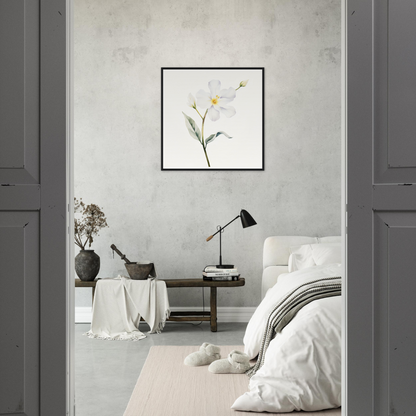 A white flower in a room with a grey wall