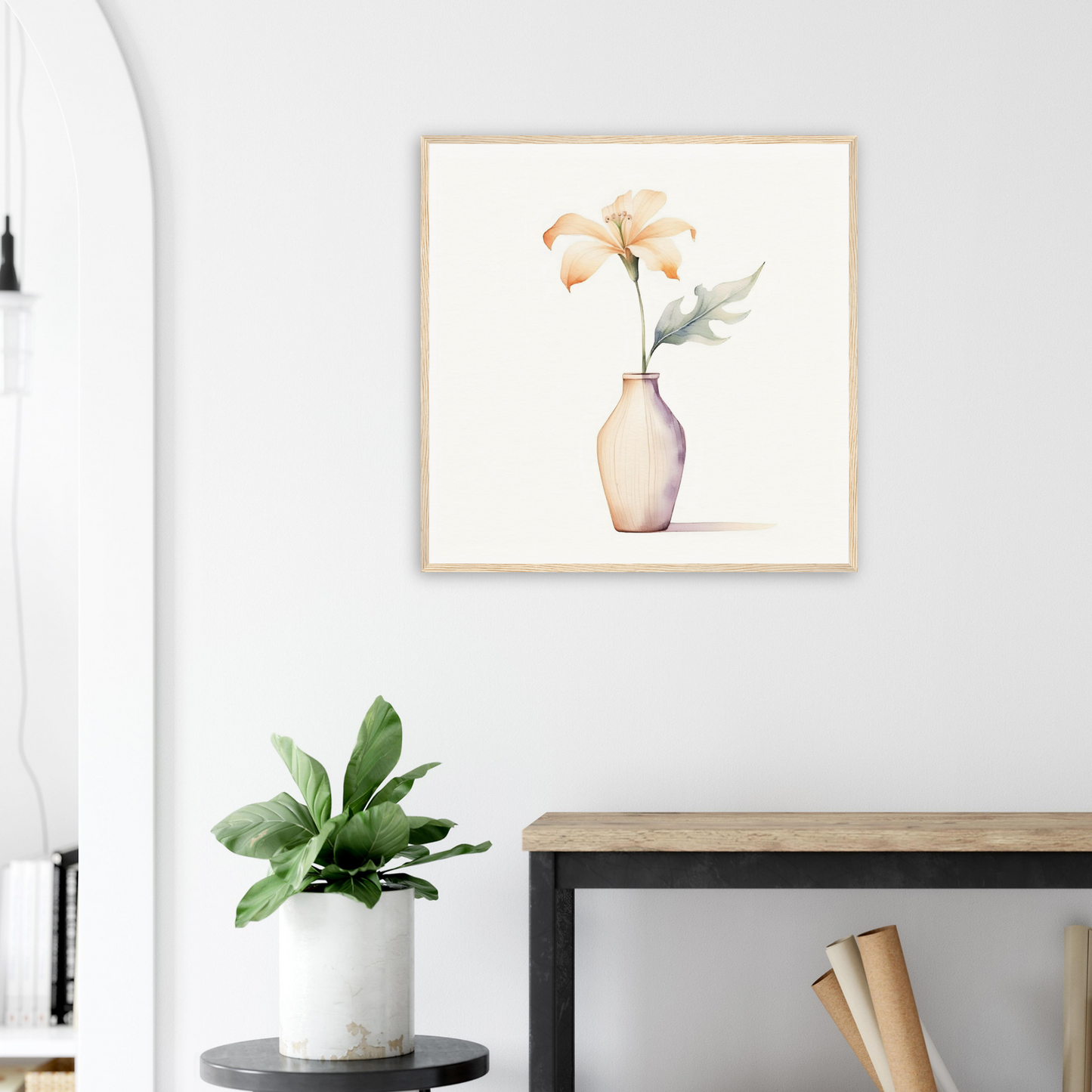 Framed artwork depicting a simple vase with delicate flowers.