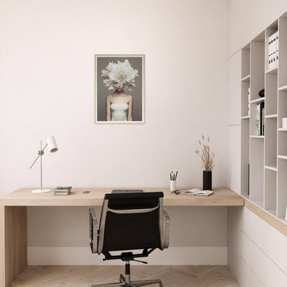 A white flower in a vase on a desk