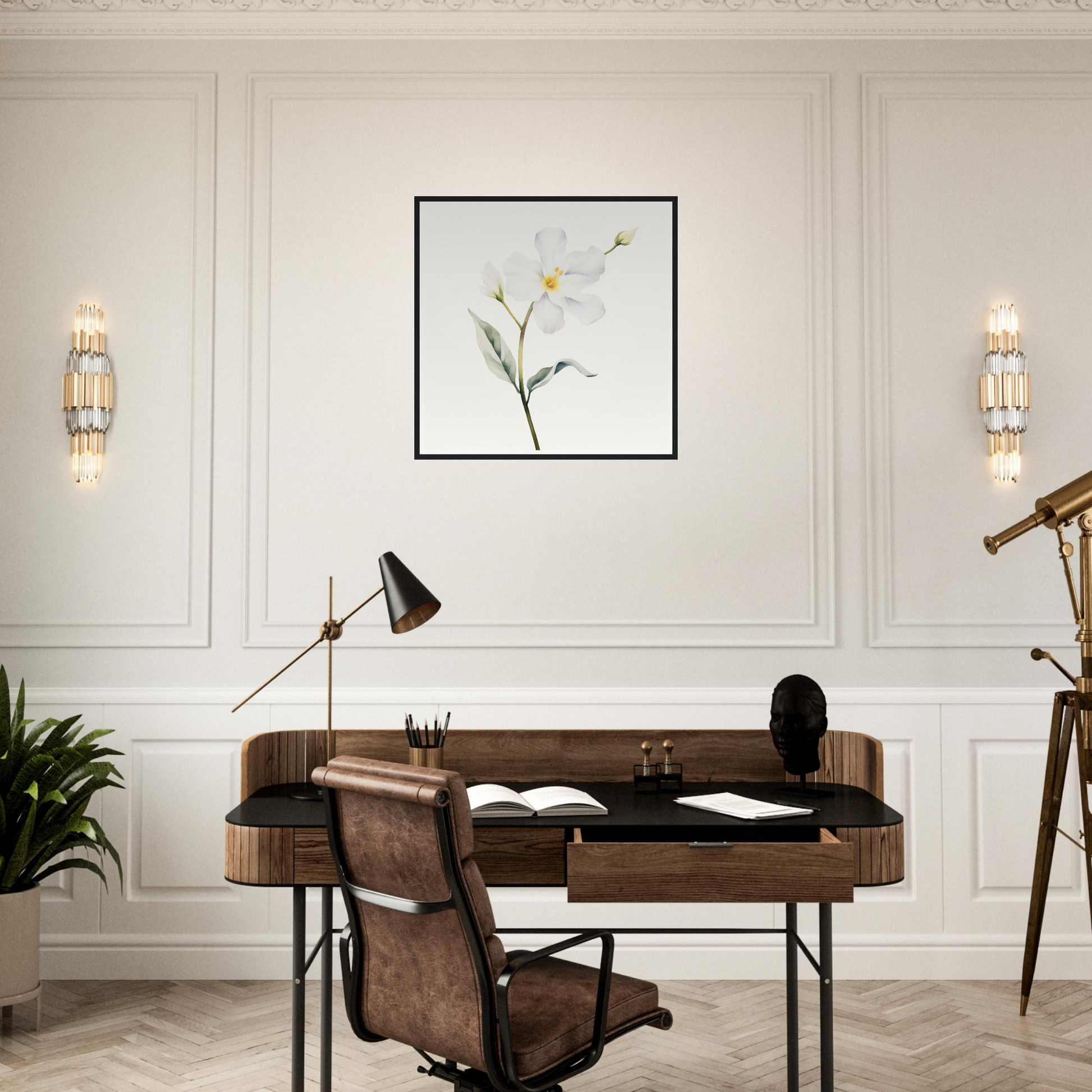 A white flower on a wall above a desk