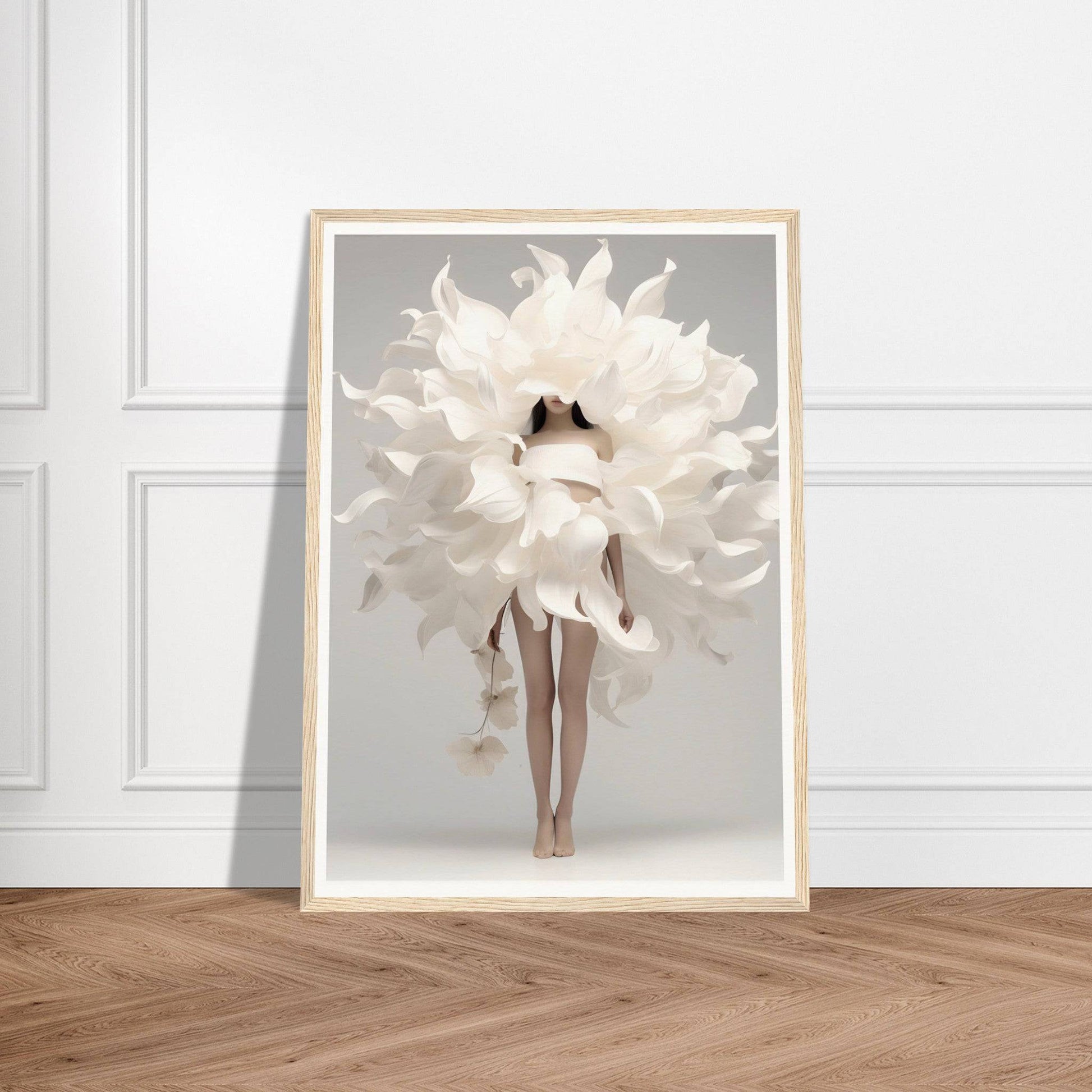 A white flower in a wooden frame on a wooden floor