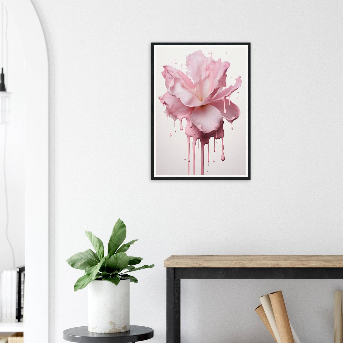 Framed watercolor painting of a pink rose with dripping paint effect.