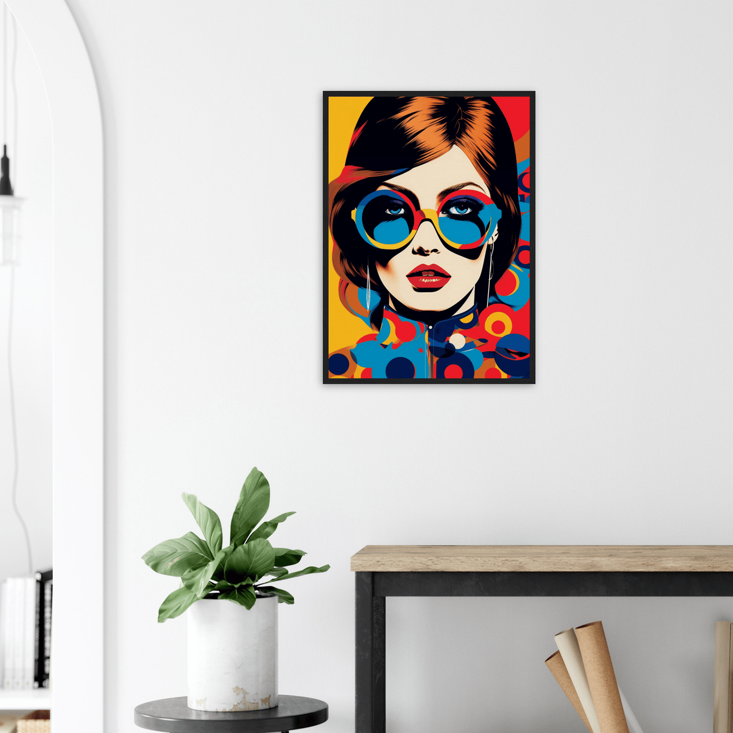 Pop art-style portrait of a woman wearing blue sunglasses against a colorful background.