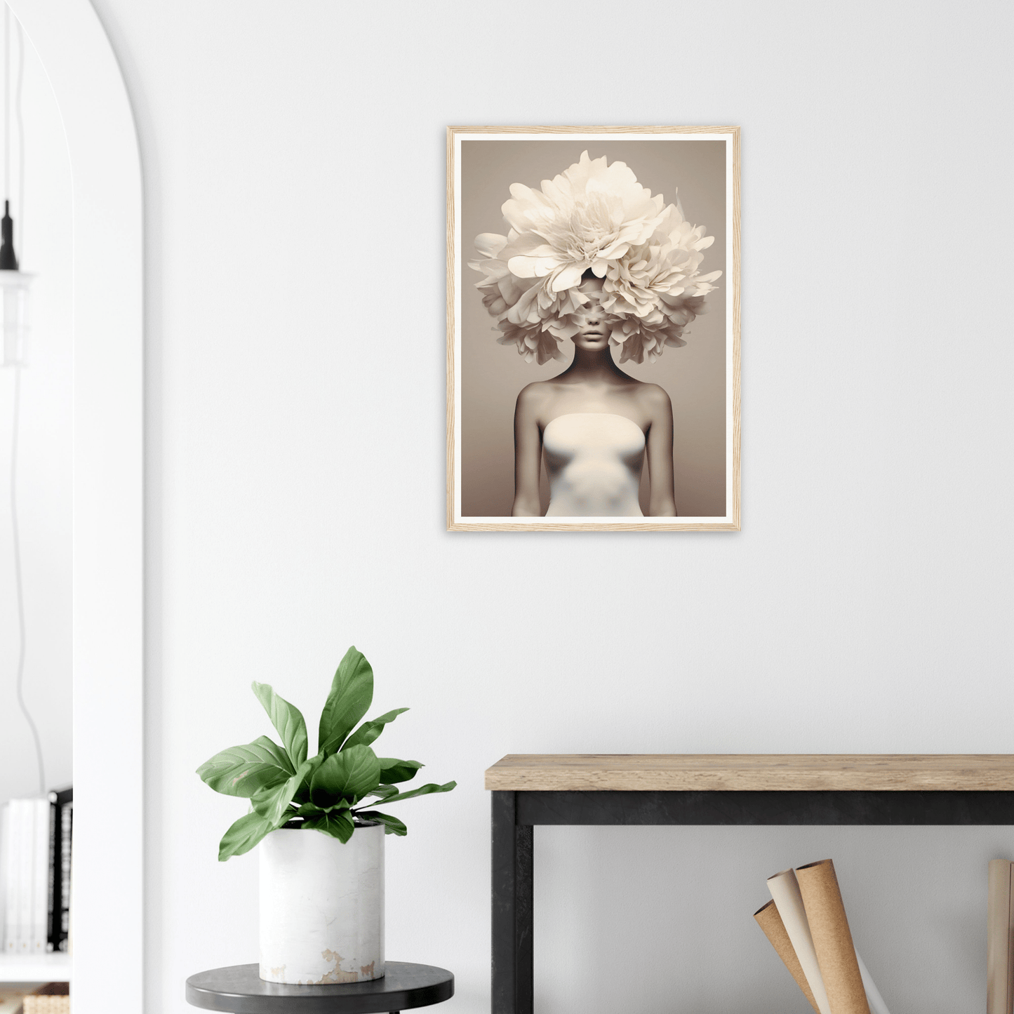 Framed artistic photograph of a nude torso with a large floral arrangement obscuring the head.