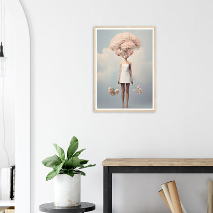 Framed surrealist artwork depicting a figure with a cloud-like pink head wearing a white dress.