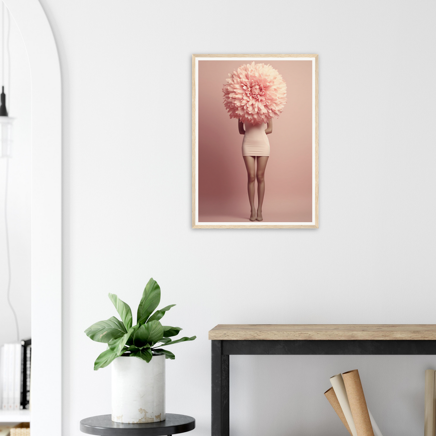 Framed surrealist photograph of a figure with a giant pink flower in place of their head.