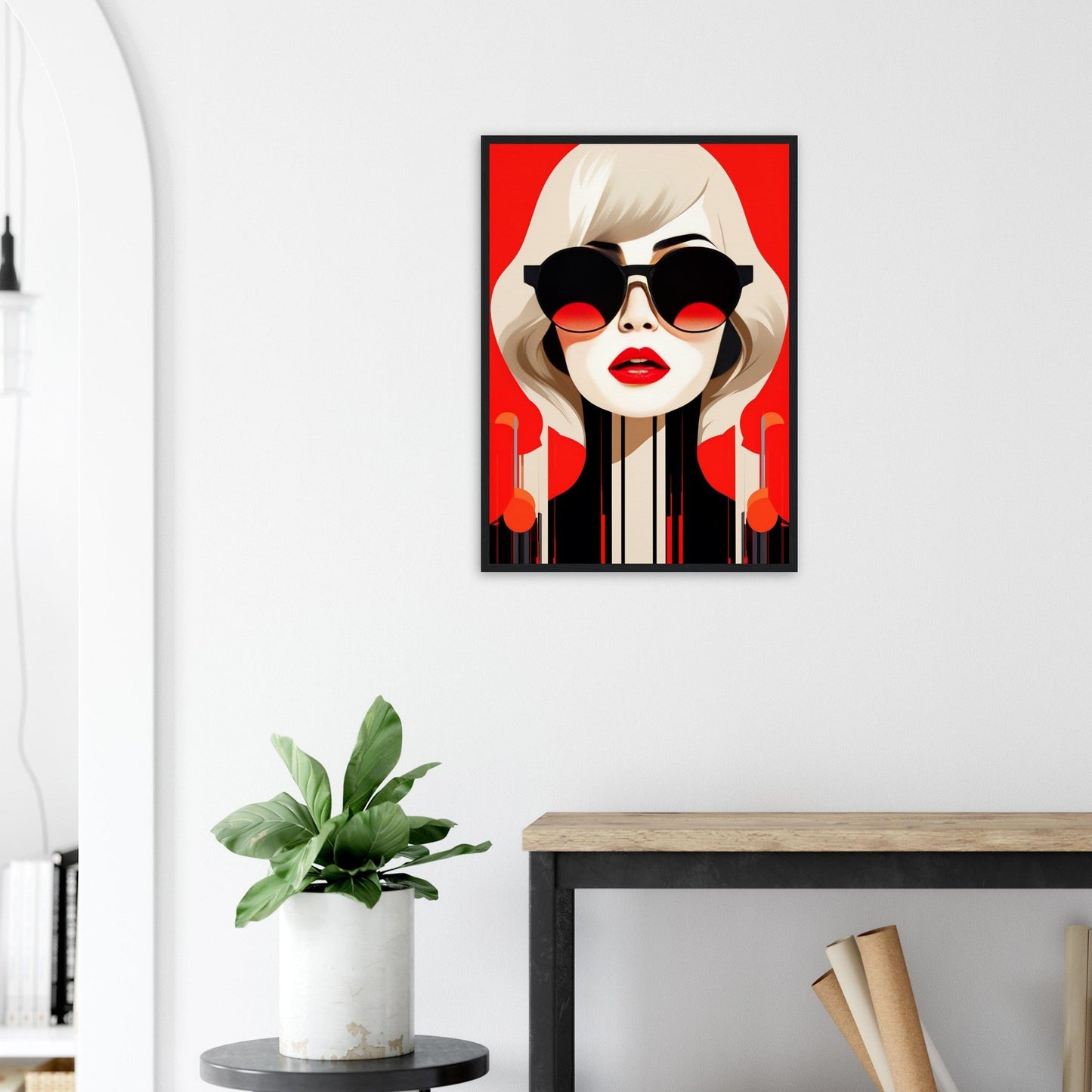 Stylized pop art portrait of a woman with blonde hair and sunglasses against a red background.