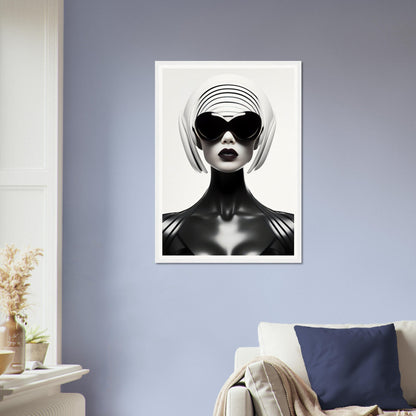 Striking black and white portrait of a figure wearing dramatic sunglasses and a sculptural headpiece.