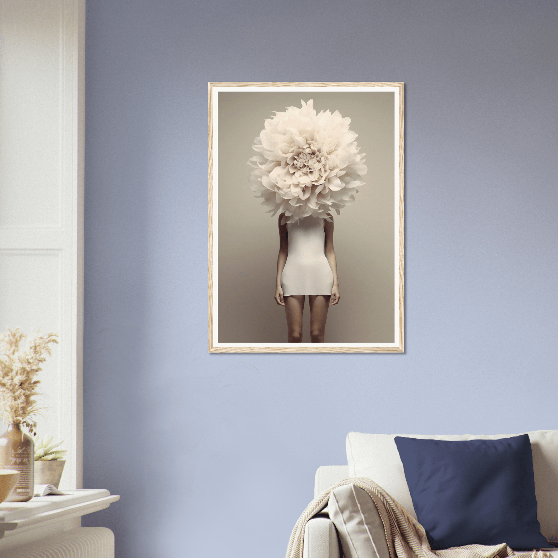 Surrealist artwork depicting a figure with a giant white flower in place of their head, wearing a white bodysuit.