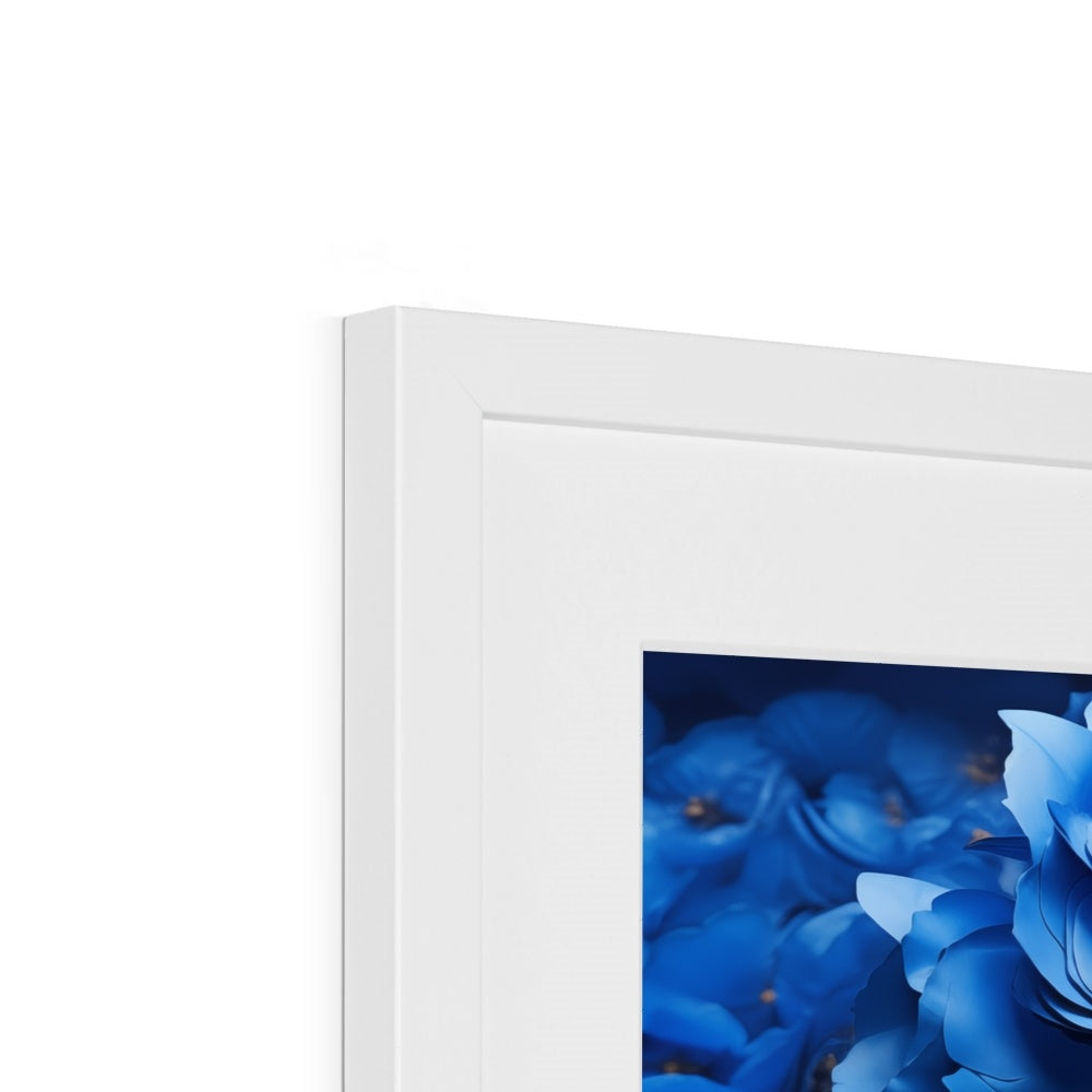 A white frame with blue flowers on it