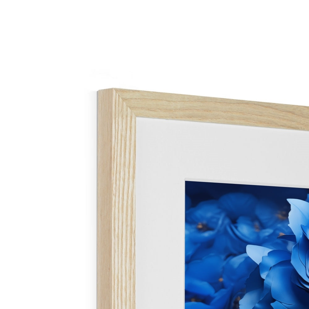 A white frame with blue flowers in it