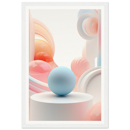 A white frame with a blue sphere on top of a white pedestal