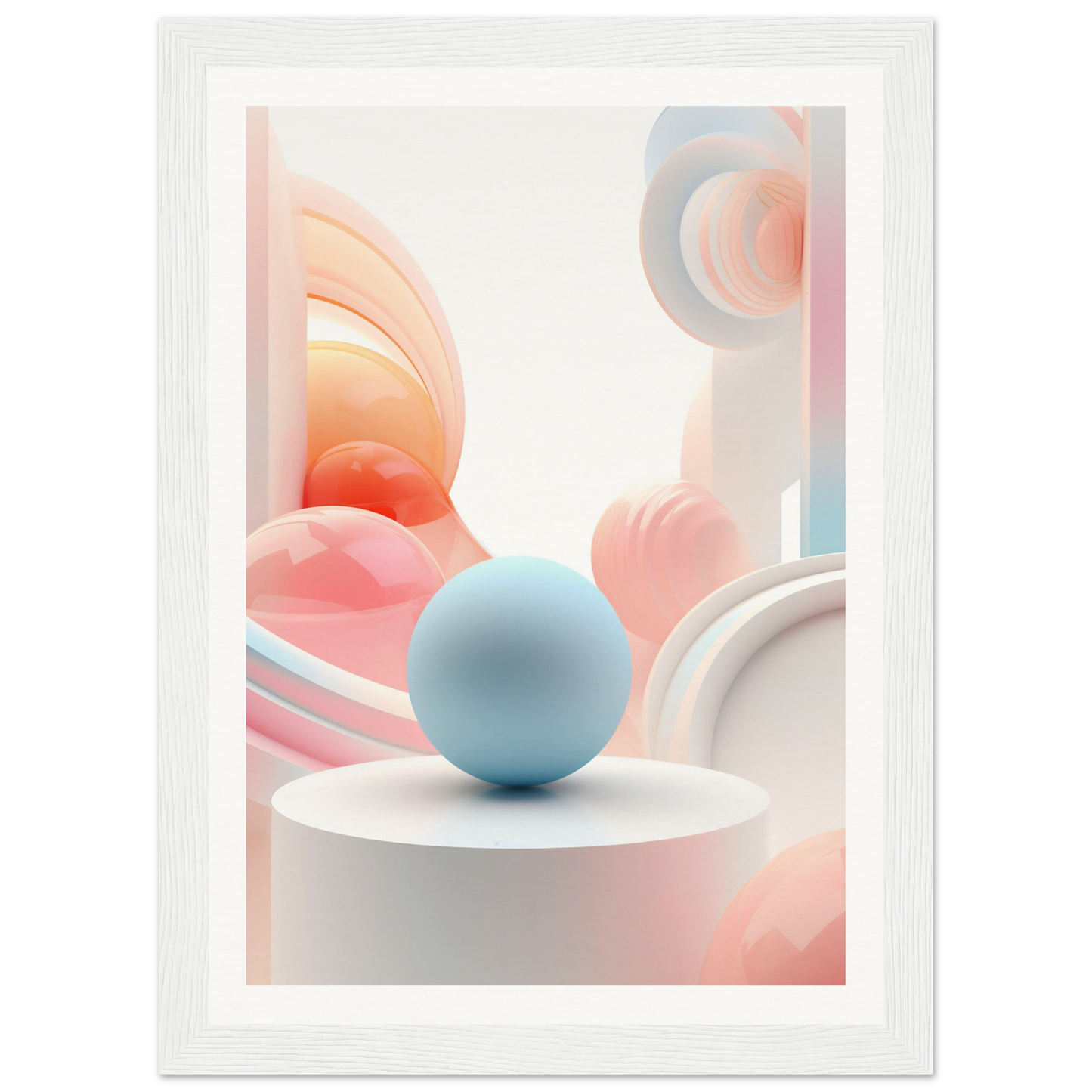 A white frame with a blue sphere on top of a white table