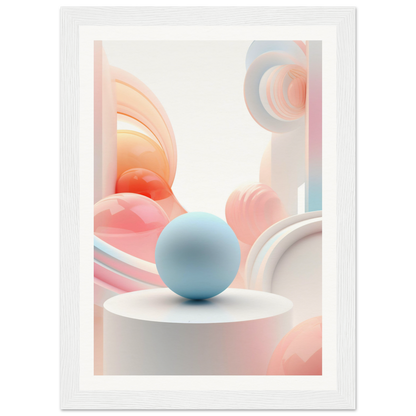 A white frame with a blue sphere on top of a white table