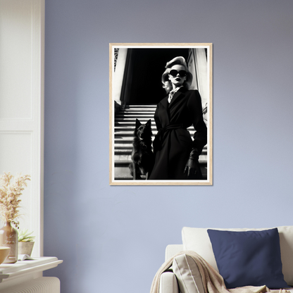 Framed black and white photograph of a person in formal attire on stairs.