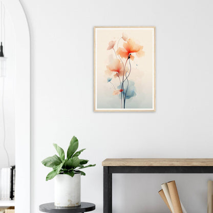 Framed watercolor painting of delicate orange and blue flowers with slender stems.