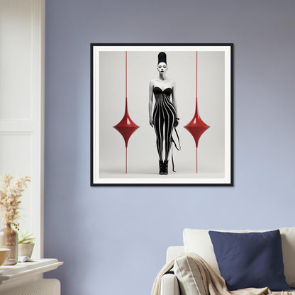 Framed artwork depicting a stylized female figure in a black and white striped dress with red diamond shapes on either side.