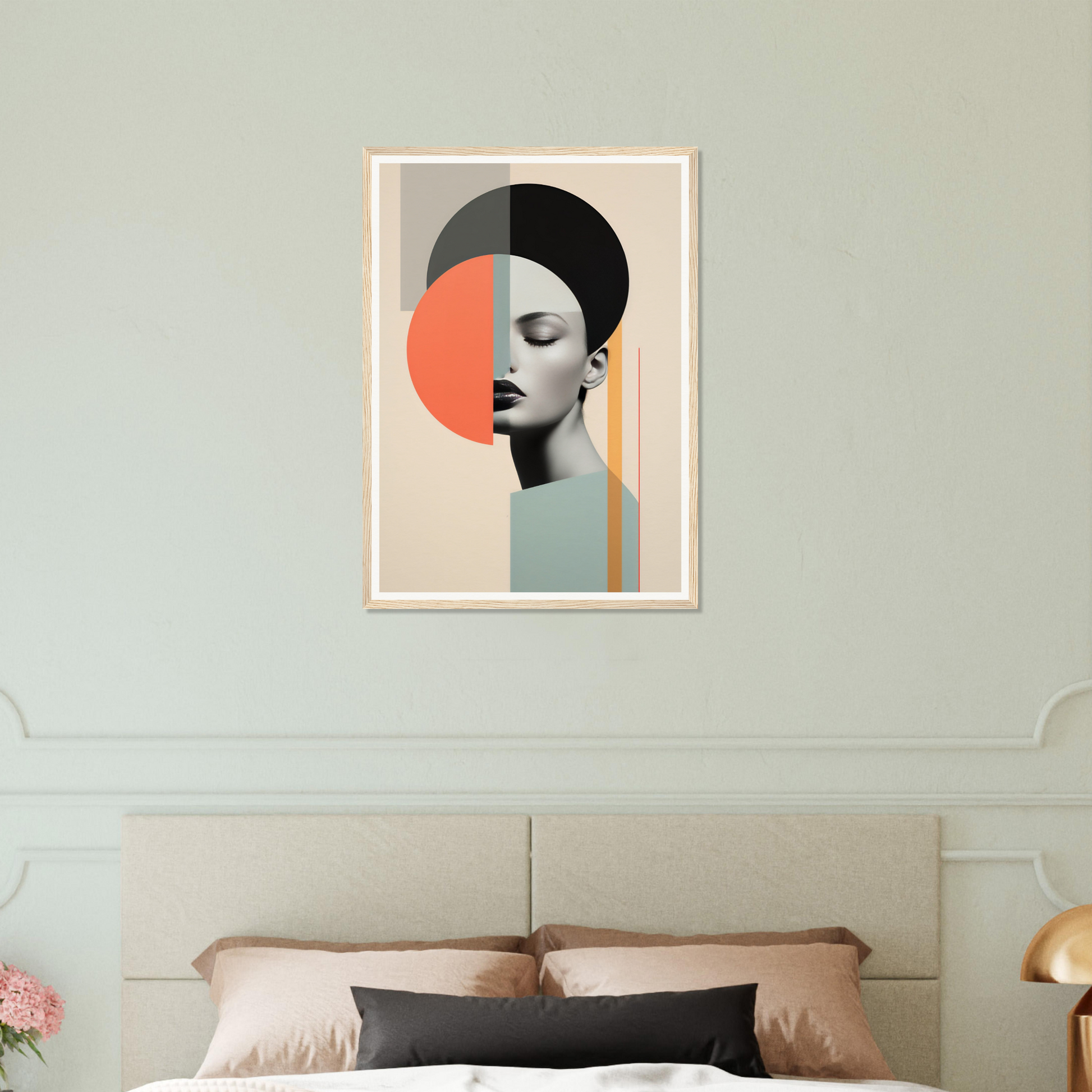 Abstract portrait artwork featuring geometric shapes and a woman’s profile in a minimalist style.