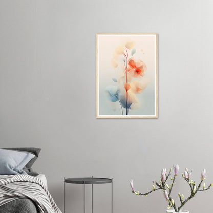 Framed watercolor painting of delicate flowers with soft red and blue hues.