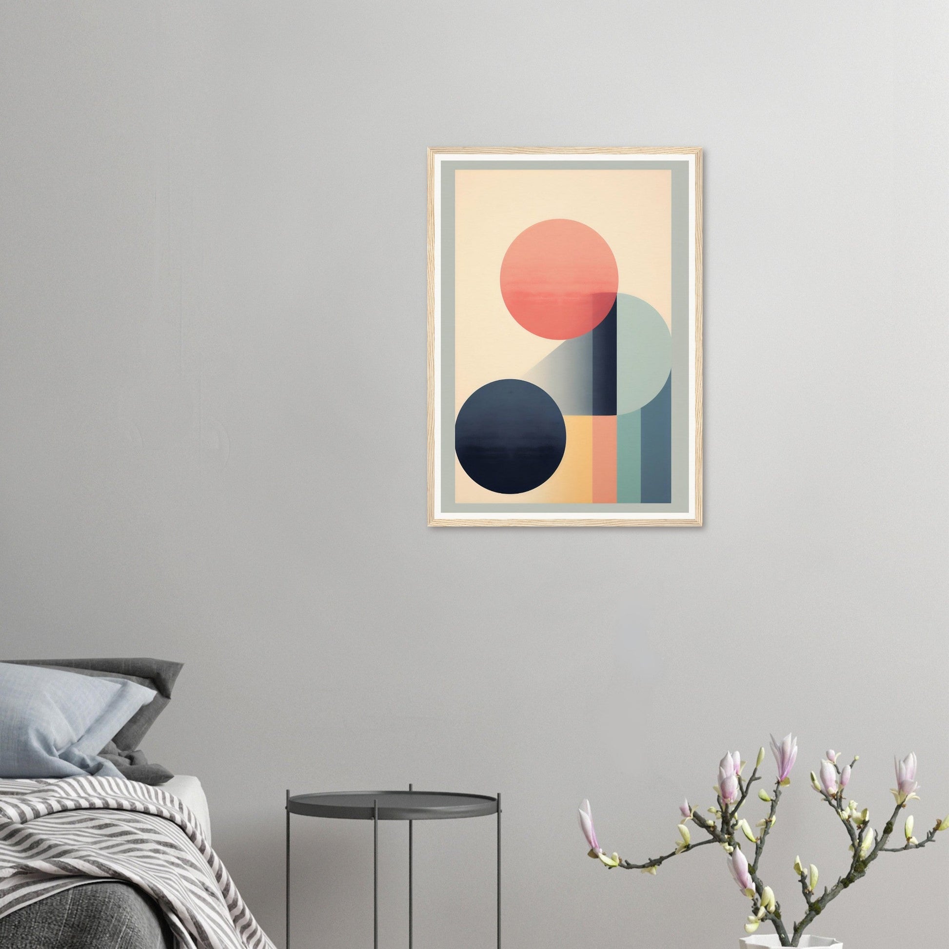 Abstract geometric art print featuring circles and rectangles in muted pastel colors.