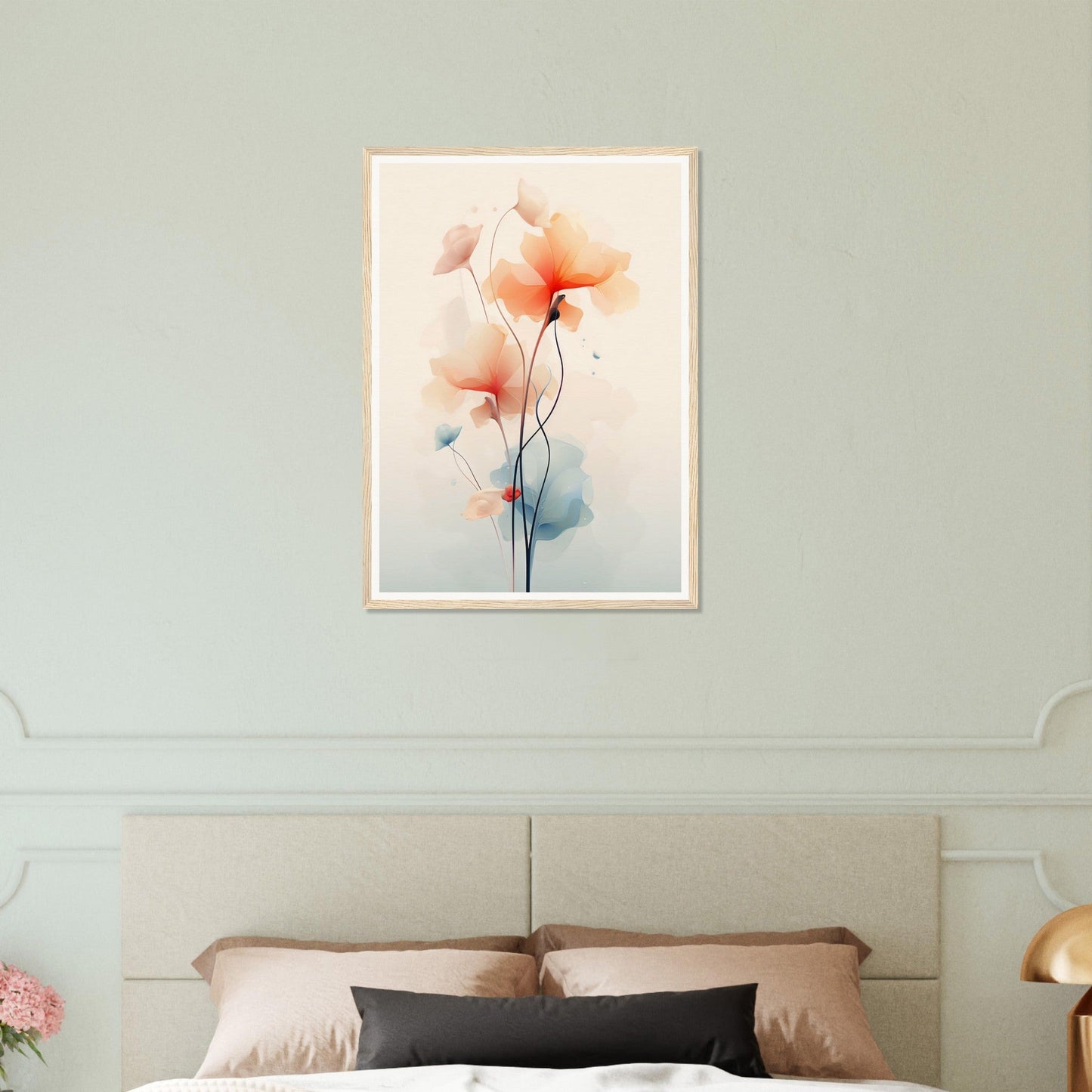 Framed watercolor painting of delicate pink and orange poppies with slender stems.