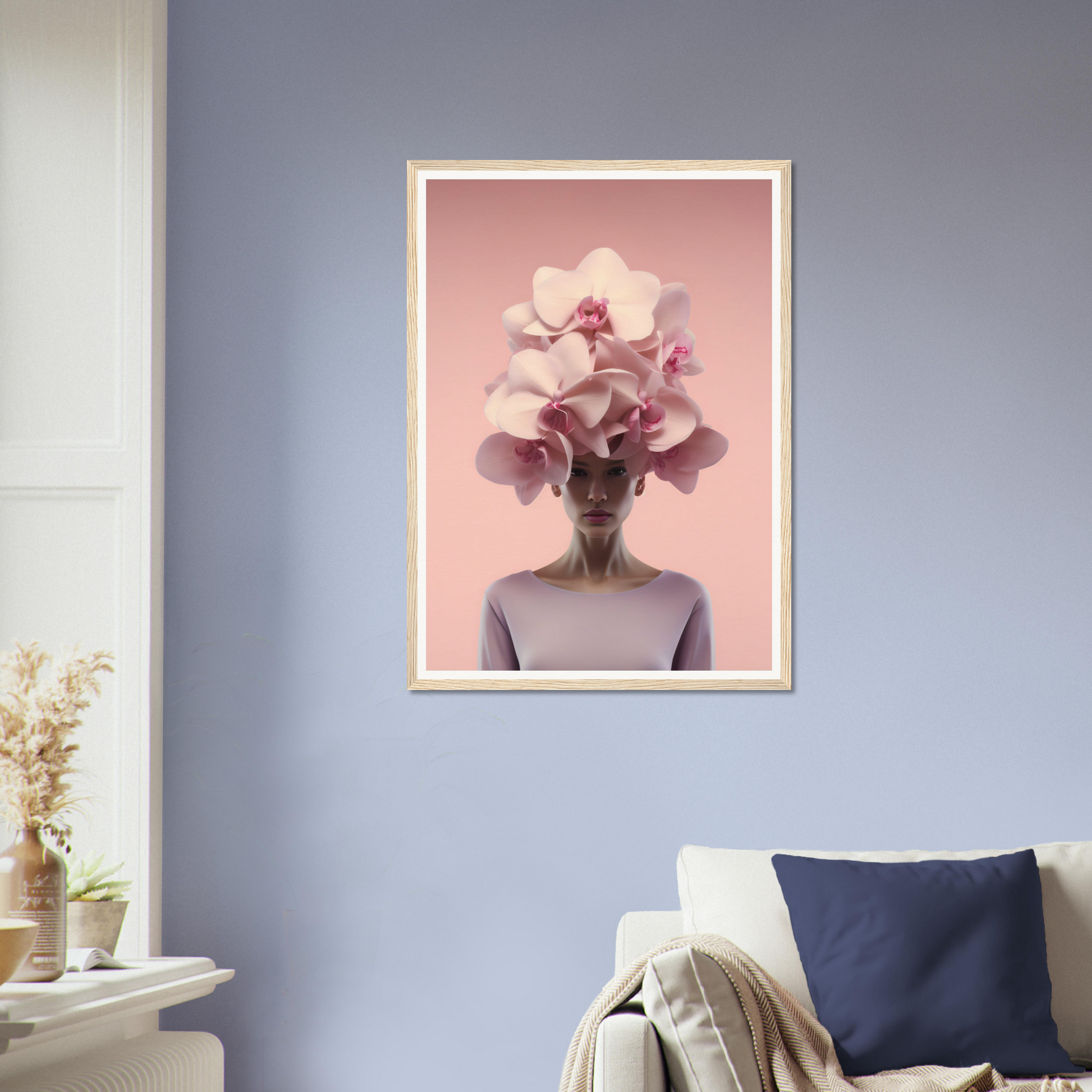 Framed surrealist artwork depicting a figure with orchid blooms in place of a head.