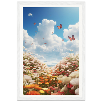 A white frame with a photo of a field of flowers and butterflies