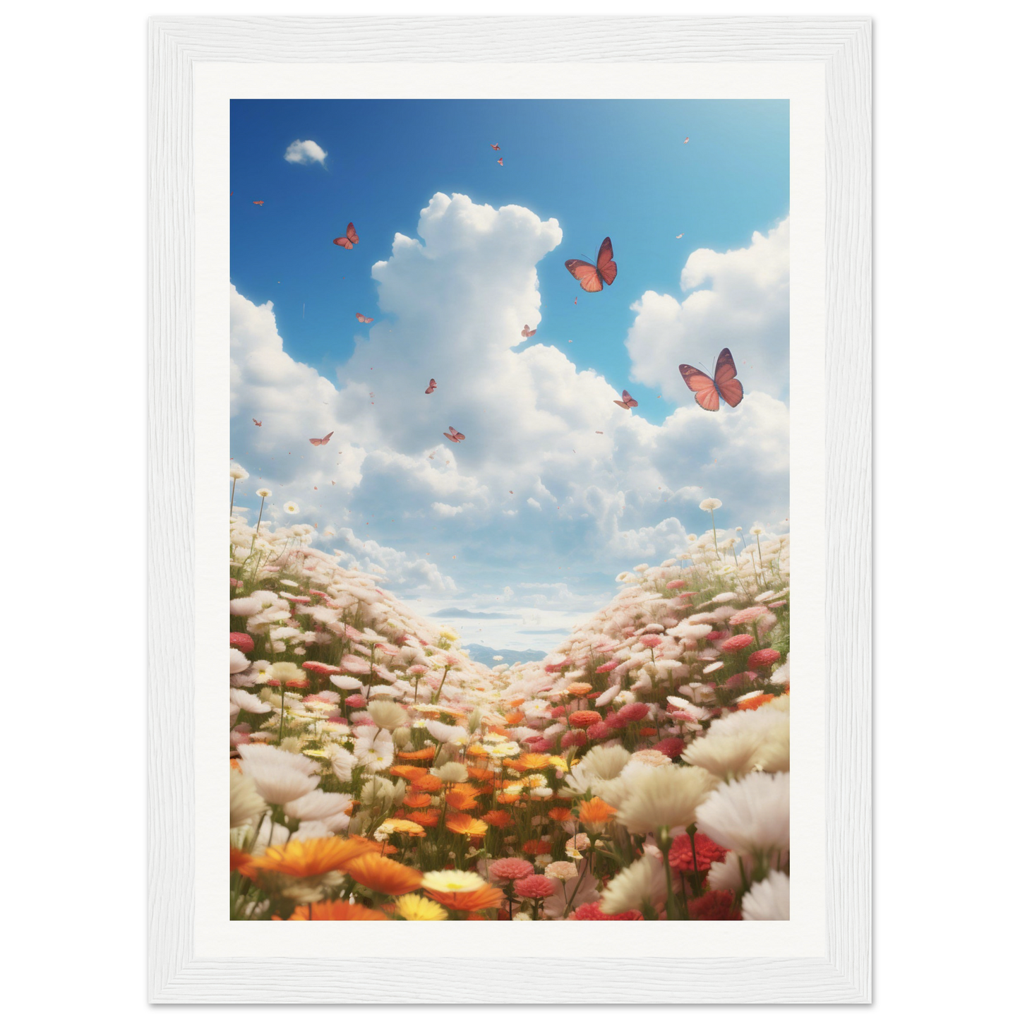 A white frame with a photo of a field of flowers and butterflies