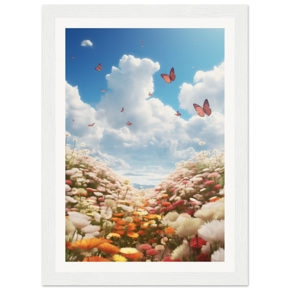 A white frame with a photo of a field of flowers and butterflies