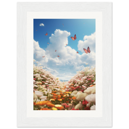 A white frame with a picture of a field of flowers and butterflies