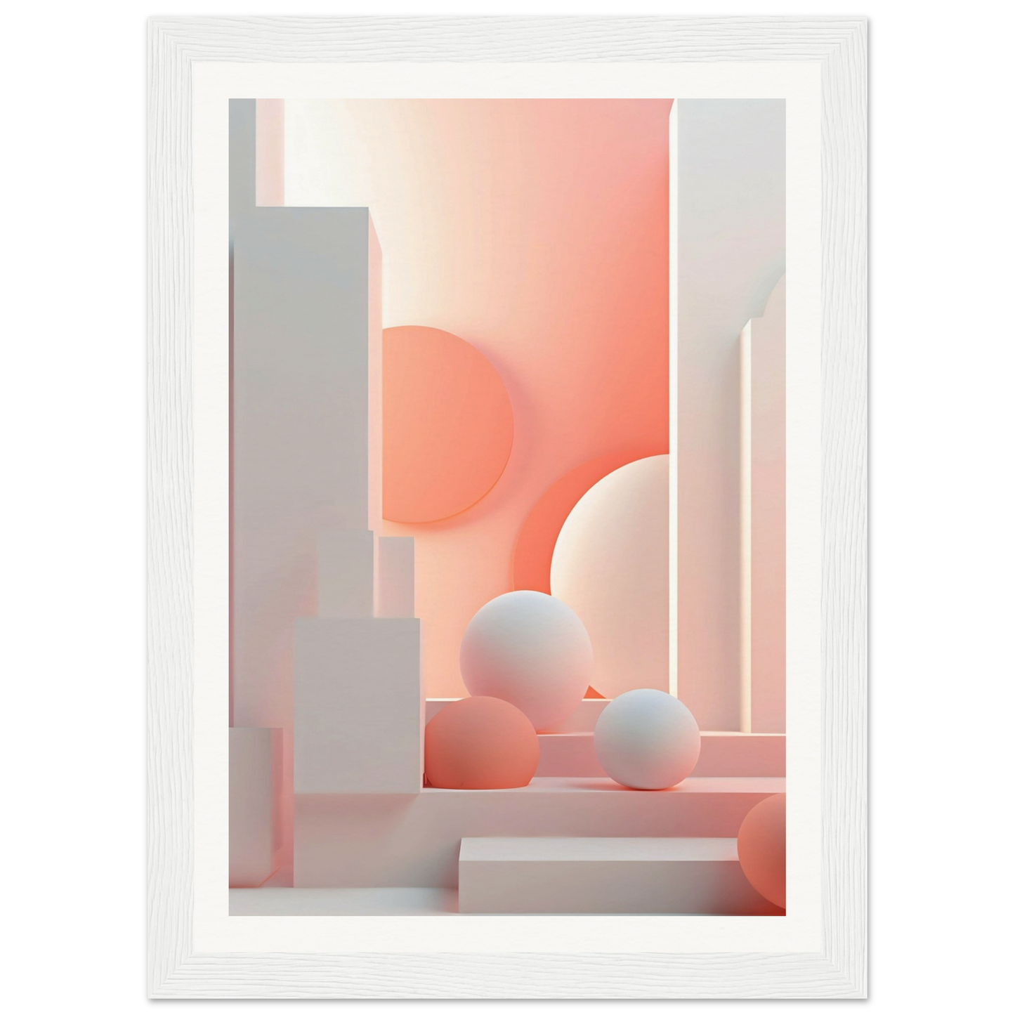 A white frame with a pink and white abstract painting