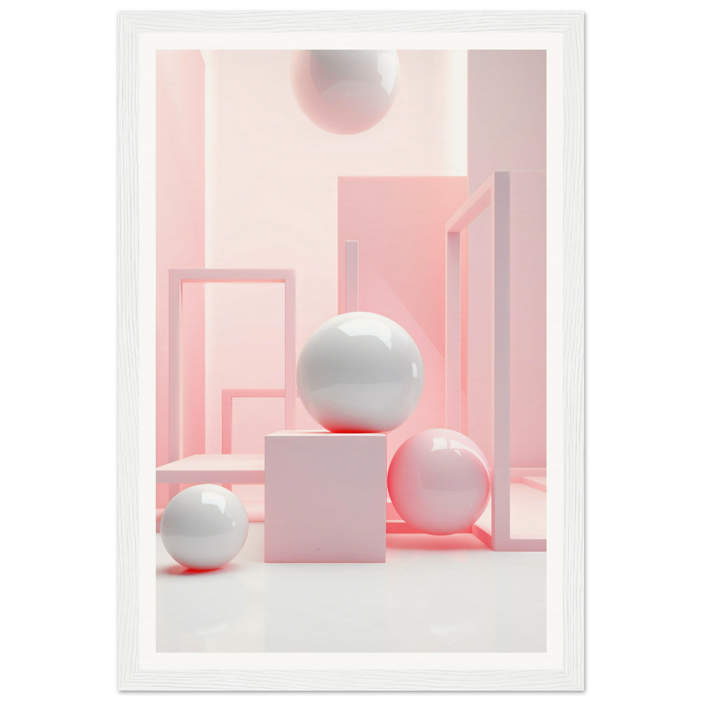 A white frame with a pink background and white balls