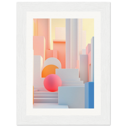 A white frame with a pink and blue abstract painting