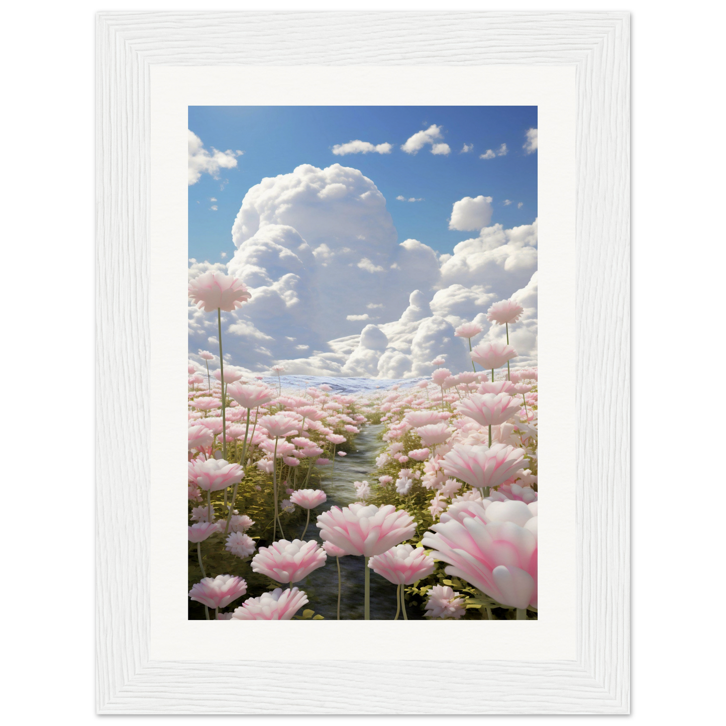 A white frame with pink flowers and clouds in the background