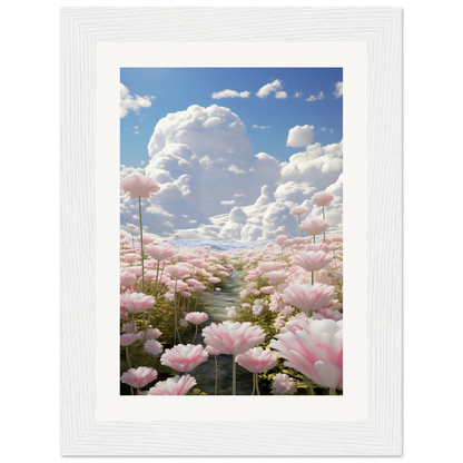 A white frame with pink flowers and clouds in the background