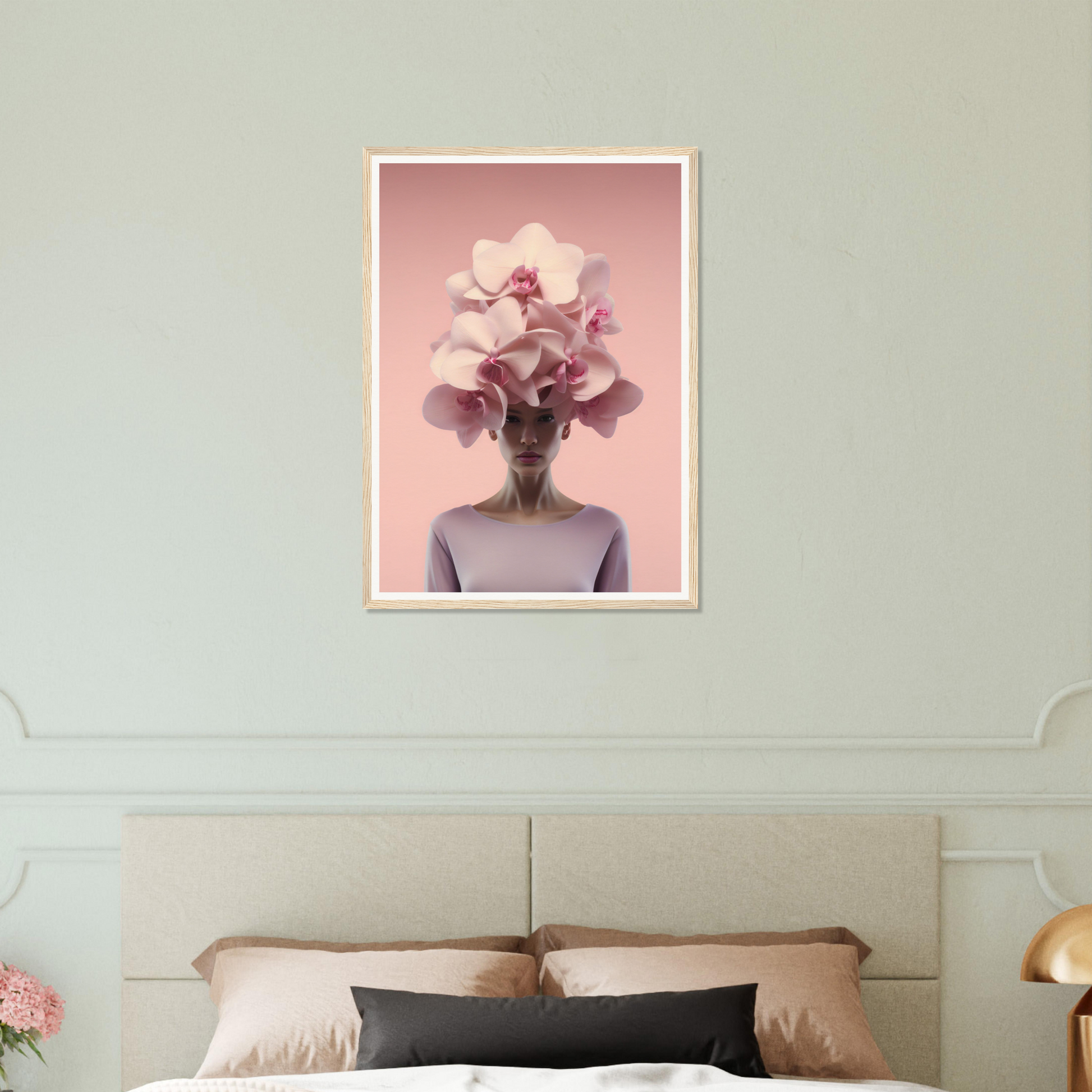 Framed artwork depicting a figure with a head replaced by pink flowers in a vase.