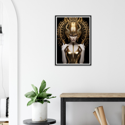 Framed artwork depicting a figure with an elaborate golden headdress and metallic bodice in a dramatic, stylized pose.