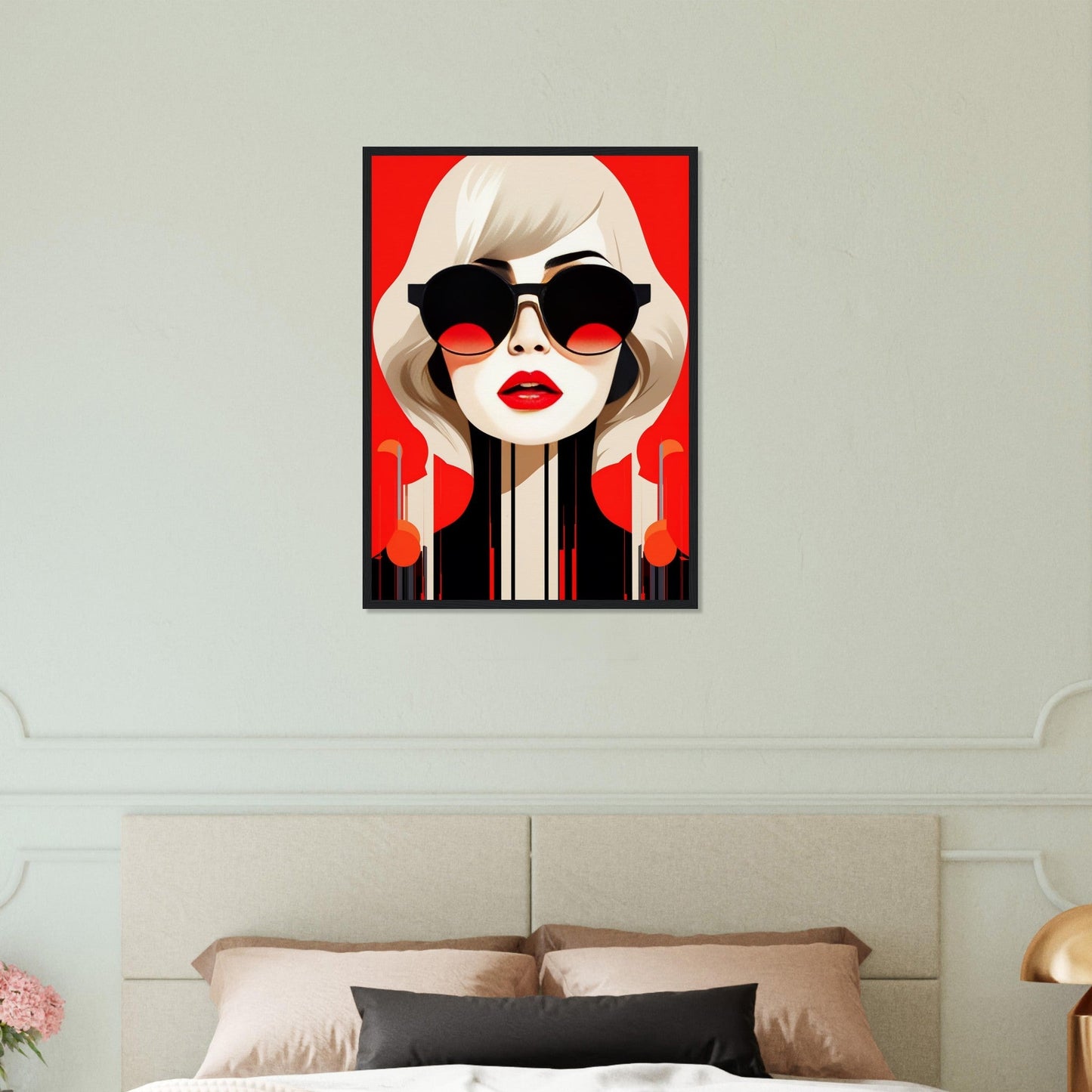 Stylized portrait of a woman with sunglasses and red lips against a bold red background.