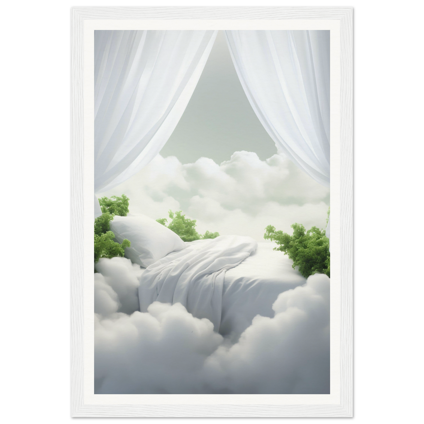 A white framed print with a white curtain and a green tree in the sky