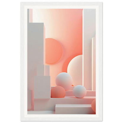 A white framed print with a pink and white abstract design