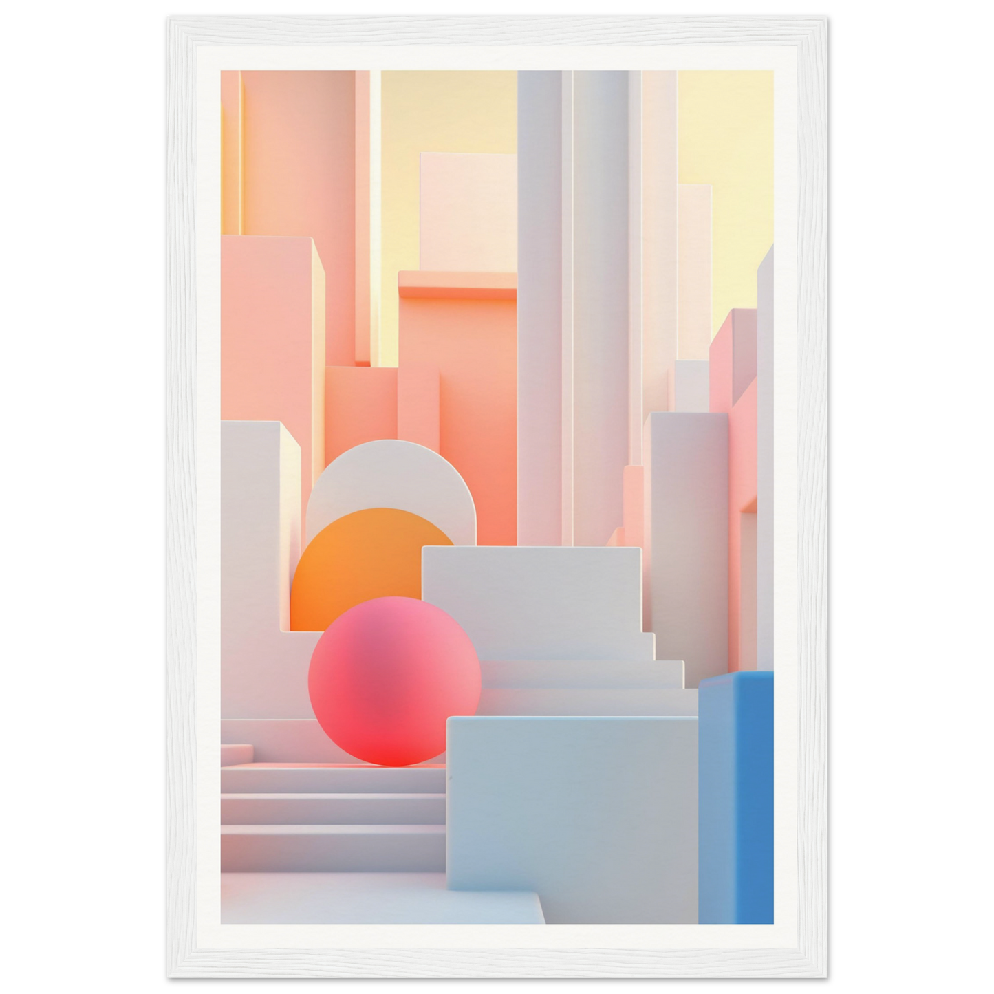 A white framed print with a pink sphere in the middle