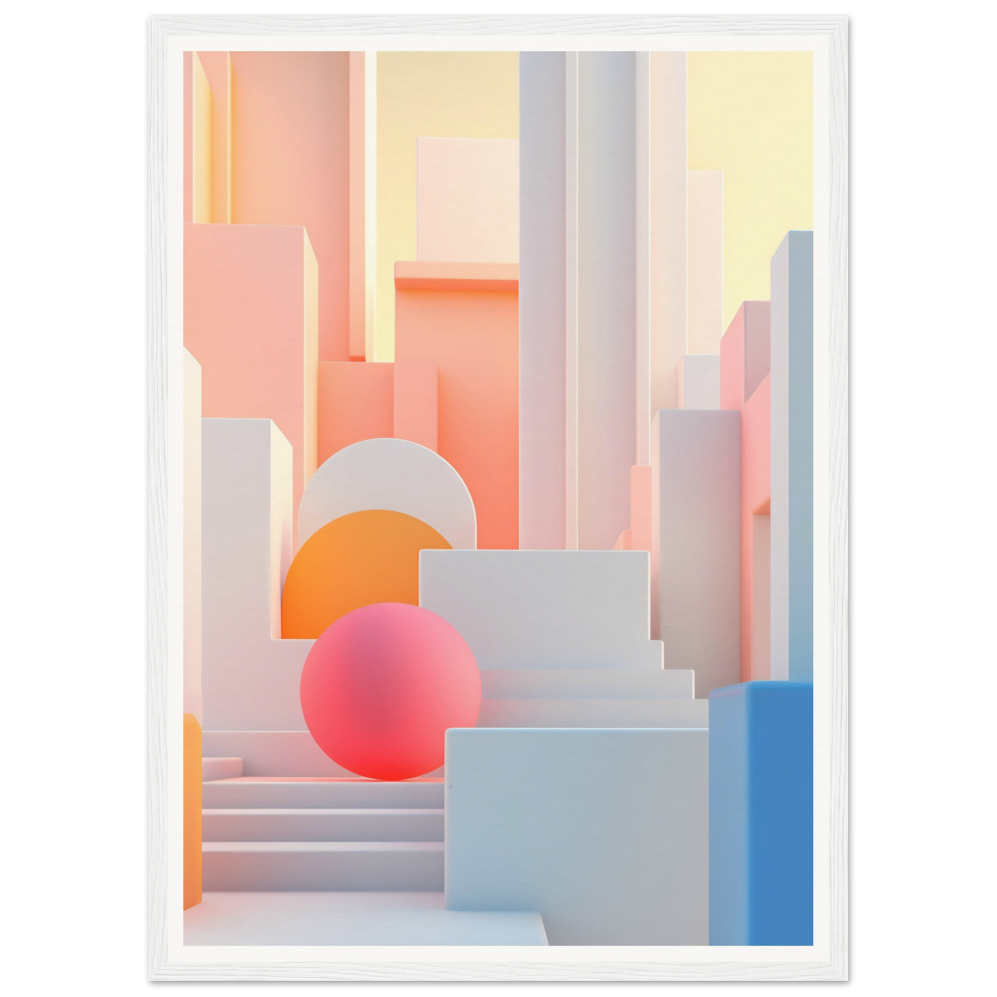 A white framed print with a pink sphere in the middle of the image