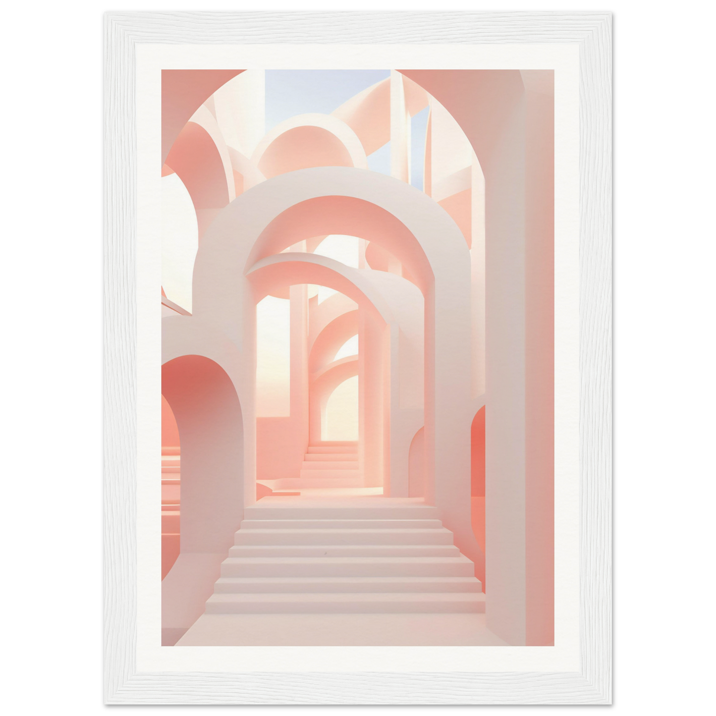 A white framed print with a pink and white geometric pattern