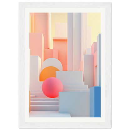 A white framed print with a pink sphere in the middle